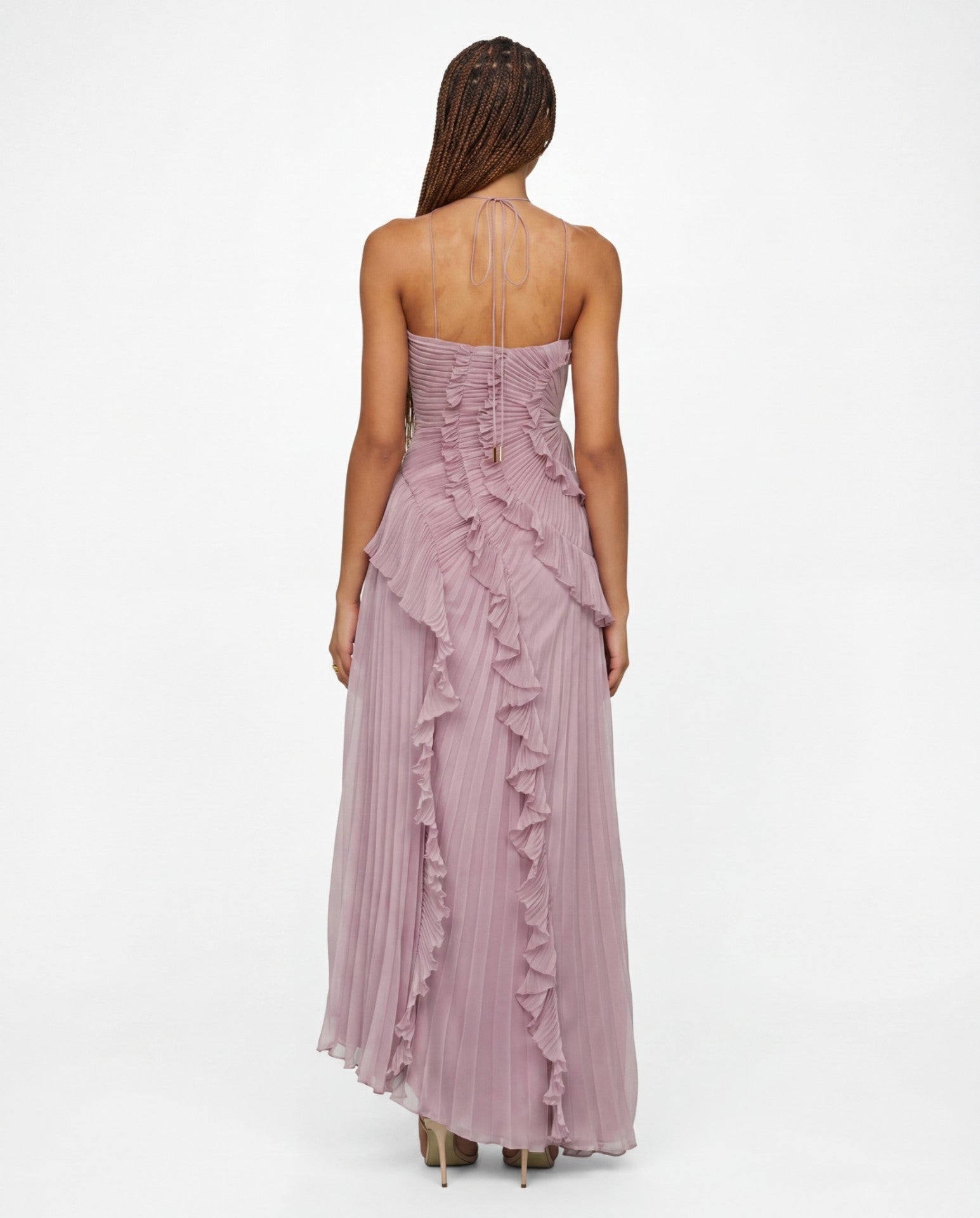 Anna One-Shoulder Pleated Ruffle High-Low Maxi Dress