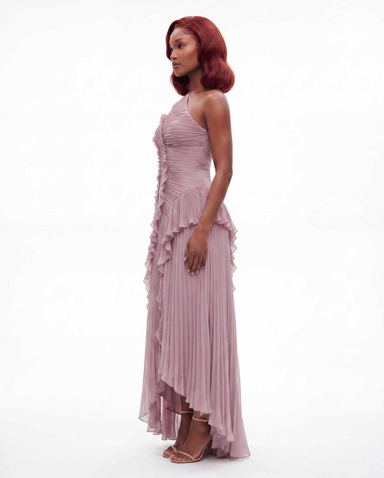 Anna One-Shoulder Pleated Ruffle High-Low Maxi Dress