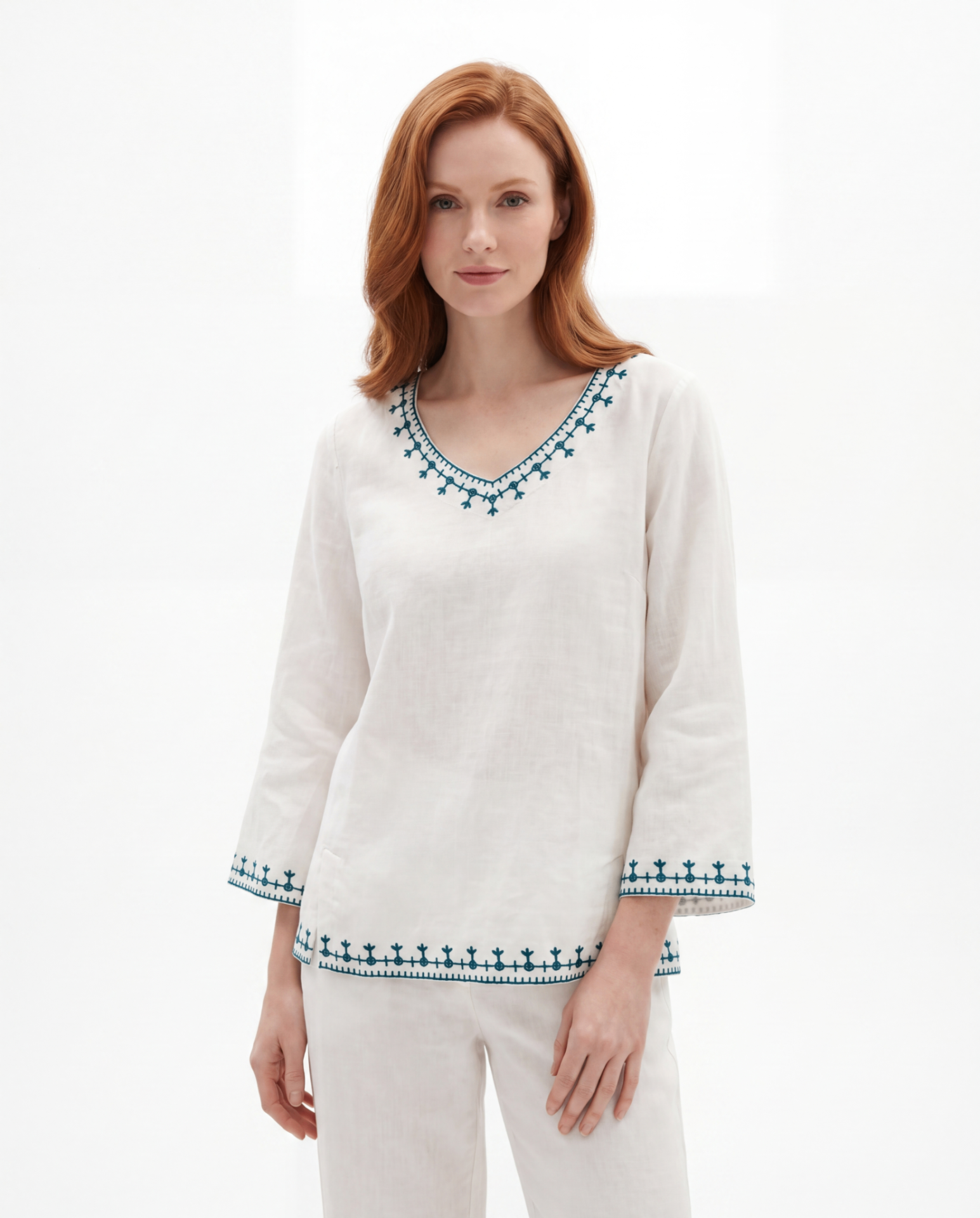 Helen Pattern V-Neck Linen Blouse